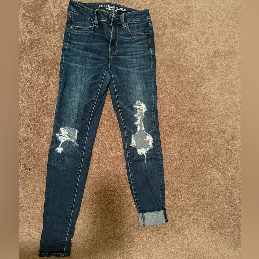 American Eagle Outfitters Dark Blue Distressed Skinny Jeans